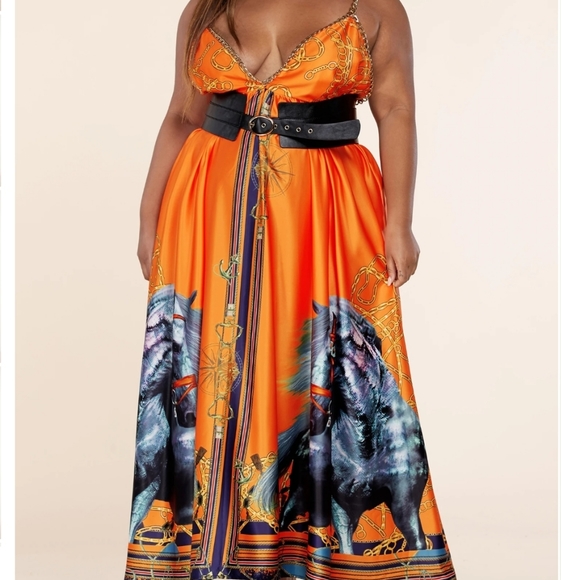 SALE!!! Plus size stallion printed belted chain dress - Picture 3 of 6
